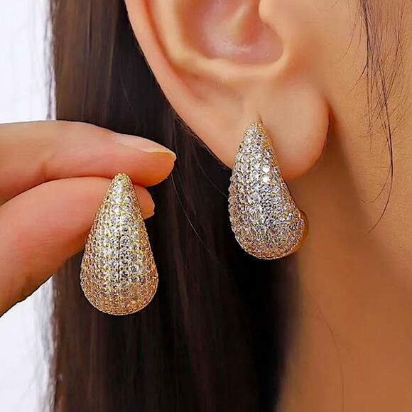 Gold Zircon Water Drop Earrings Luxury Exquisite Tear Drop Gold Plated Gift - Picture 1 of 13